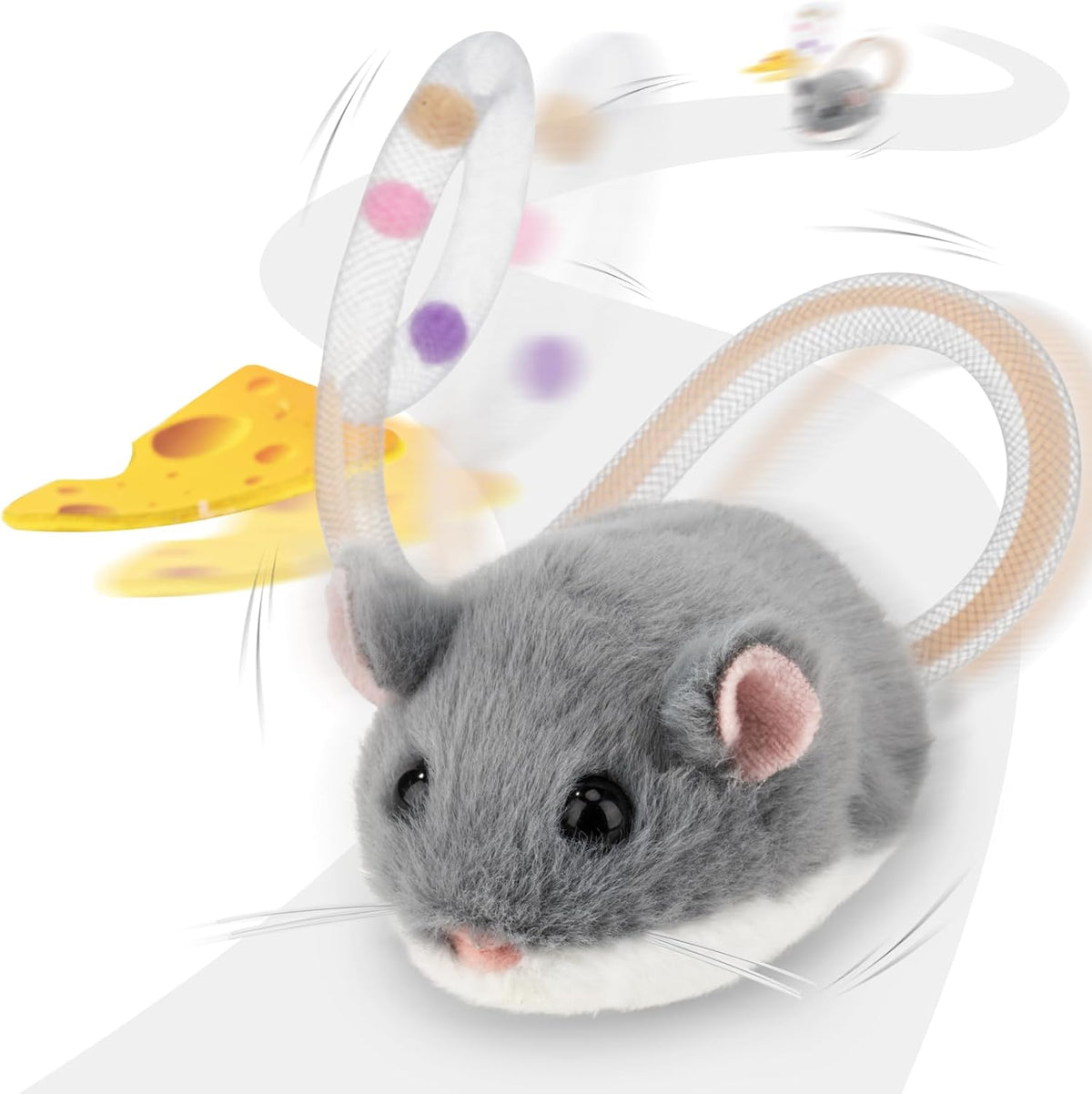 Migipaws Interactive MigiMouse Cat Toy front view of the grey plush electronic mouse on a hard floor.