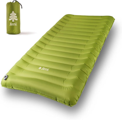 Jirni Inflatable Toddler Travel Bed front view in olive green showing raised safety bumpers.