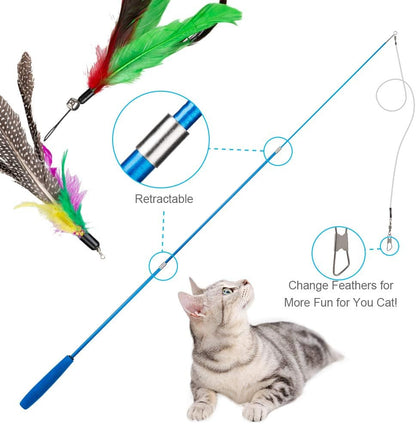 Ten pieces of natural feather and worm refills with bells for cat toy