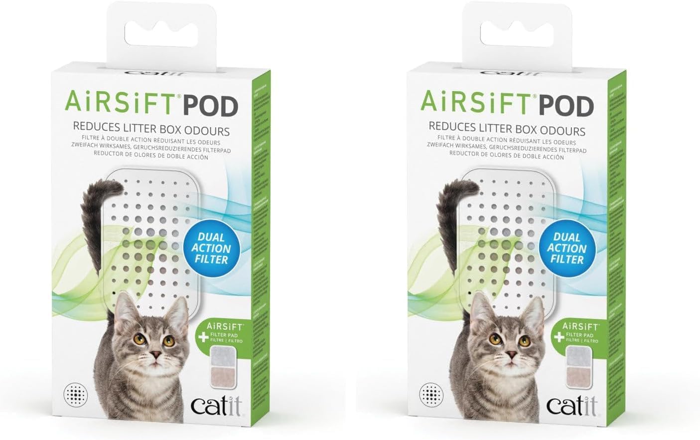 Catit Airsift filter pad kit highlighting thirty day odor protection for multi cat homes.