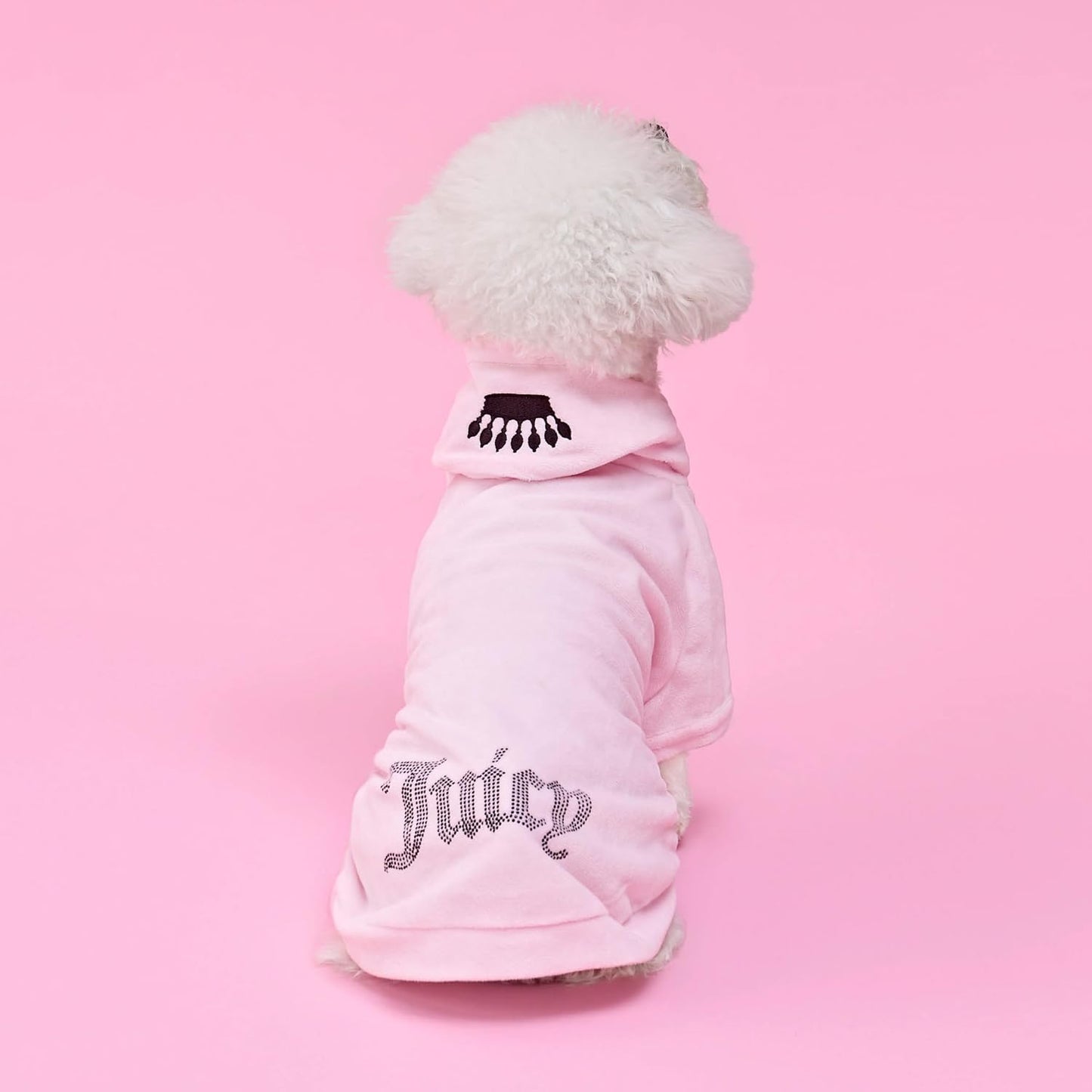 Juicy Couture bling velour pet hoodie pink front view on small dog
