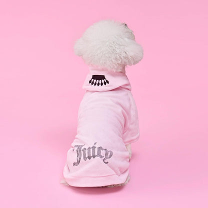 Juicy Couture bling velour pet hoodie pink front view on small dog