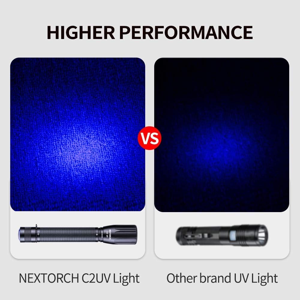 NEXTORCH compact ultraviolet detector flashlight with attached carrying lanyard for portable use.