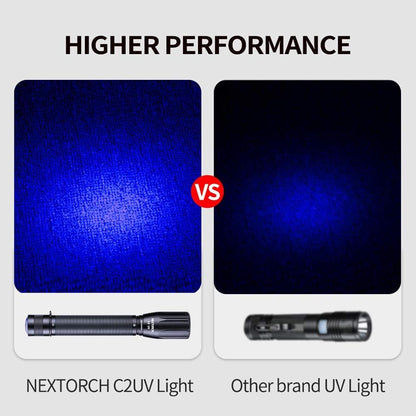 NEXTORCH compact ultraviolet detector flashlight with attached carrying lanyard for portable use.
