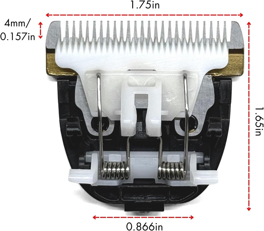 Close up view of rust proof titanium fixed blade and heat resistant ceramic pet shaver head.
