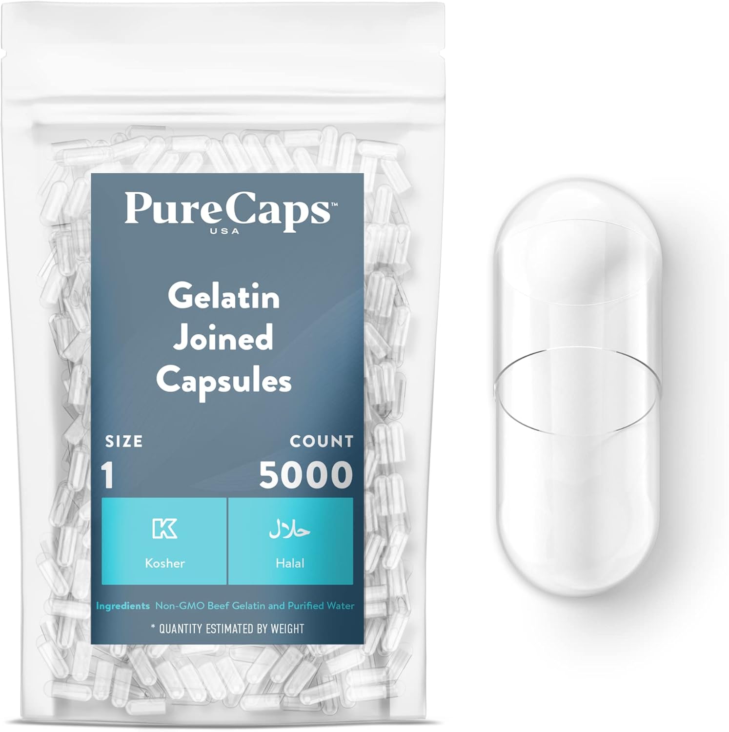 PureCaps USA empty gelatin capsules size 1 clear bottle front view