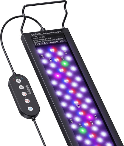 SEAOURA Aquarium LED Light front view illuminating a lush green planted freshwater tank setup