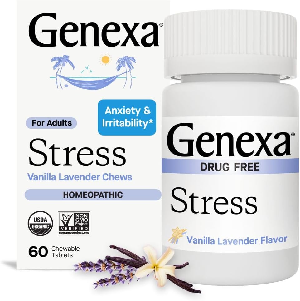 Genexa Stress Relief 60 Tablets front view bottle for natural anxiety support.