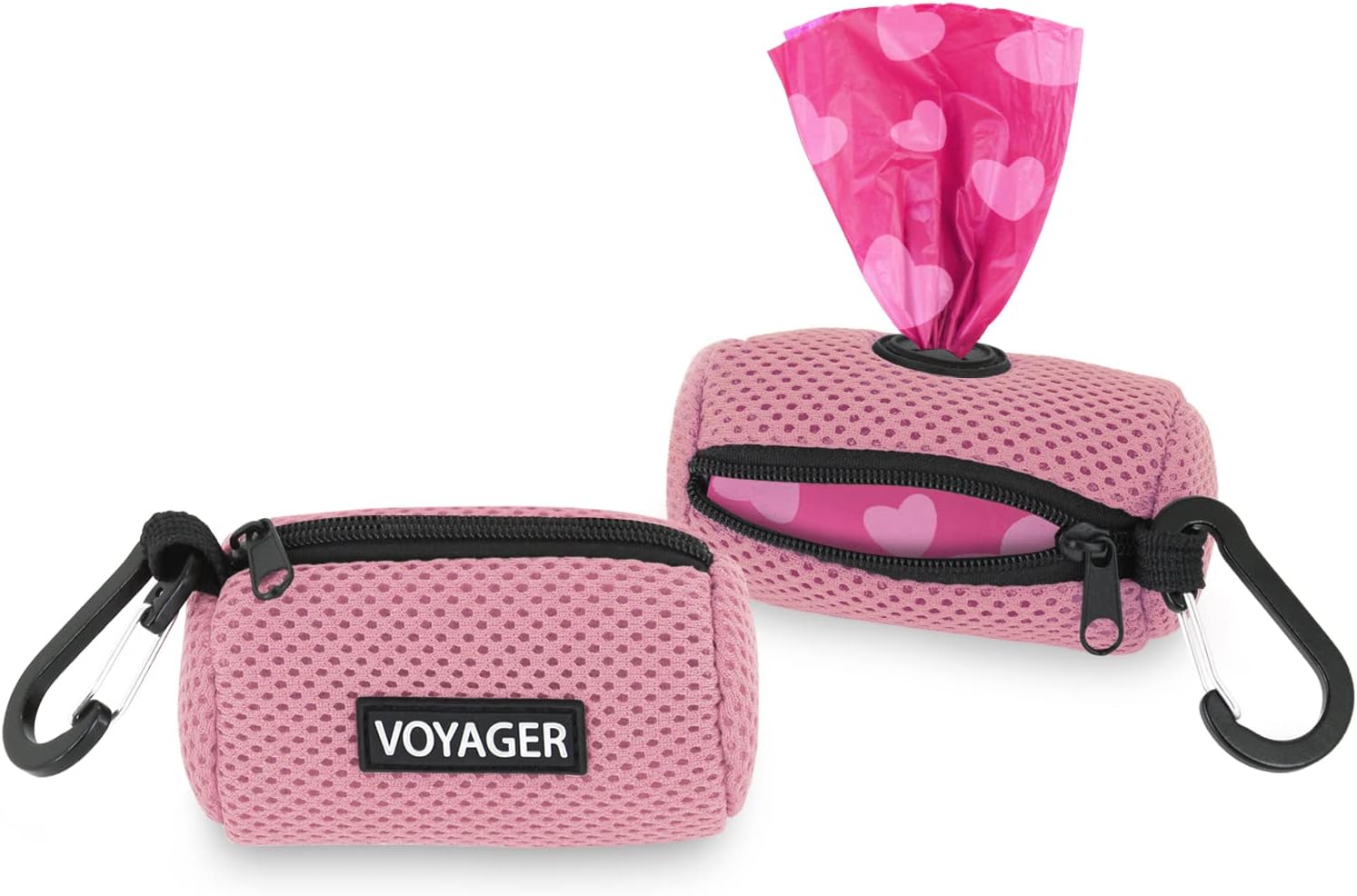 Heavy duty dog waste bag holder clipped to a pet harness for outdoor walks.
