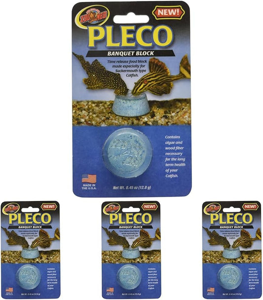 Zoo Med Pleco Banquet Block front packaging showing the four pack time release feeding blocks