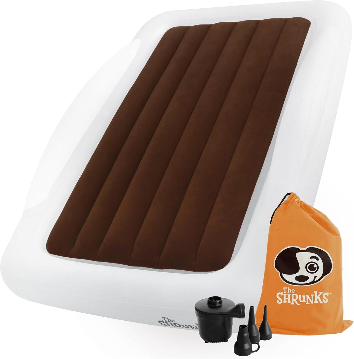 The Shrunks toddler travel bed front view showing white inflatable mattress with integrated safety bumpers