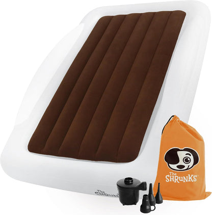 The Shrunks toddler travel bed front view showing white inflatable mattress with integrated safety bumpers