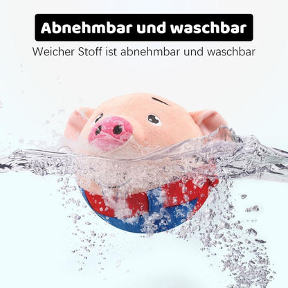 Dog interacting with Geojec blue pig plush motion toy