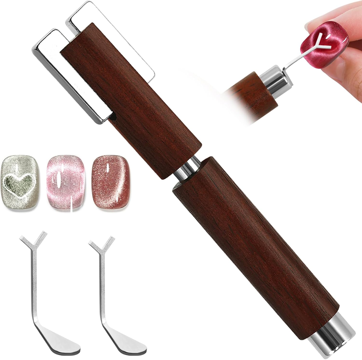 Vayve heart cat eye magnet for nails with walnut handle front view