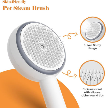 Pink steamy pet grooming brush with water spray mist active