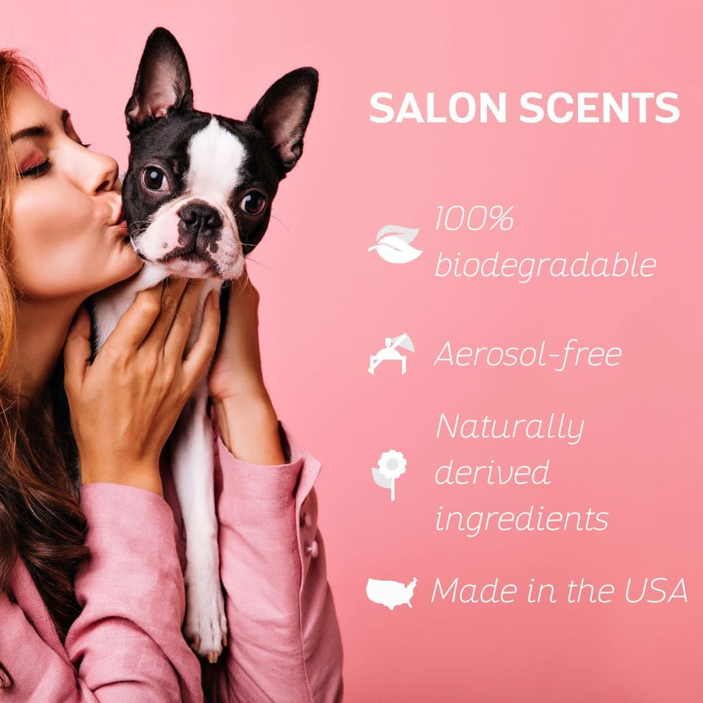 Scented pet deodorant spray bottle for premium cat grooming at home.