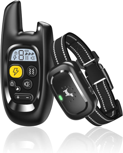 HawuMasseur dog shock collar front view showing the digital remote control and black receiver strap.