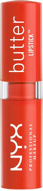 Open tube of NYX Cosmetics deep coral orange lipstick showing texture