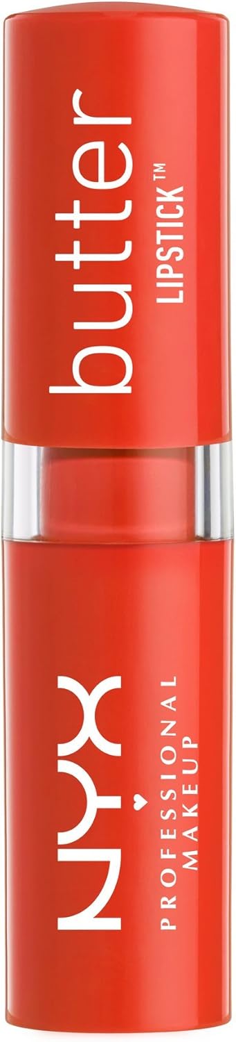 Open tube of NYX Cosmetics deep coral orange lipstick showing texture