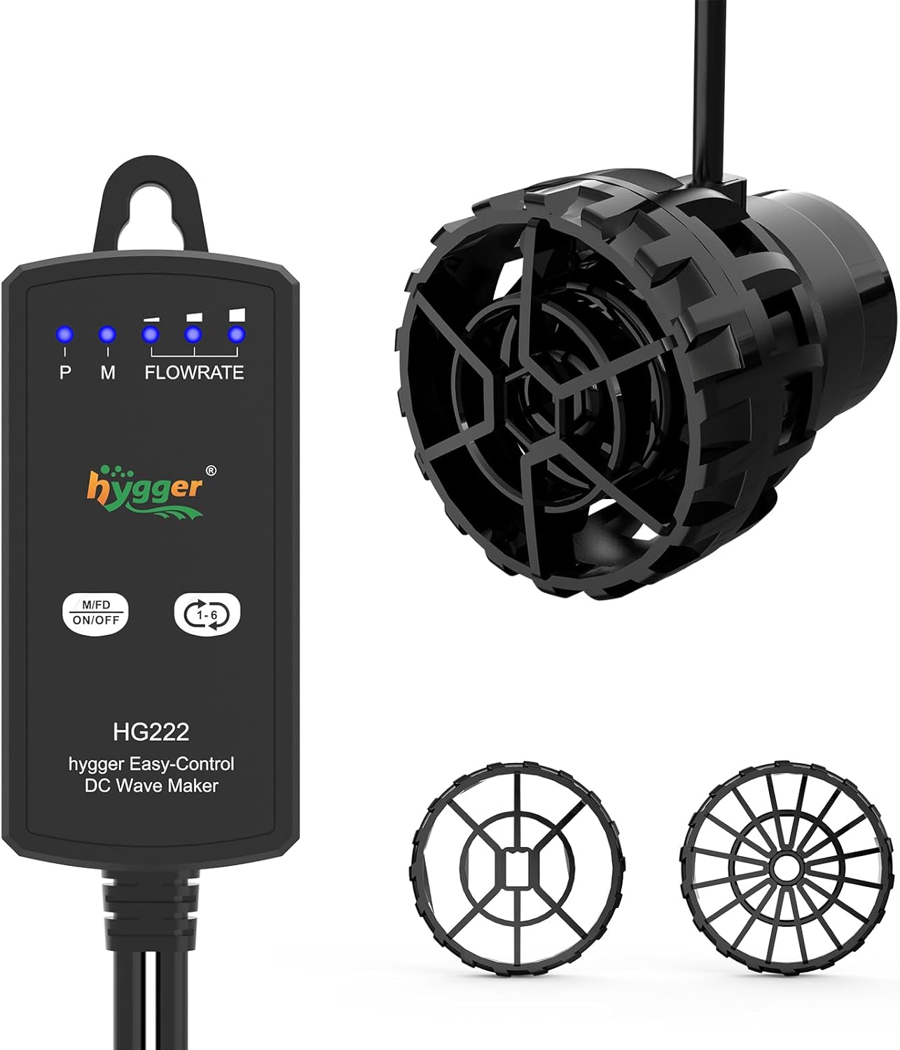 Hygger aquarium wave maker front view showing the compact circulation pump with controller