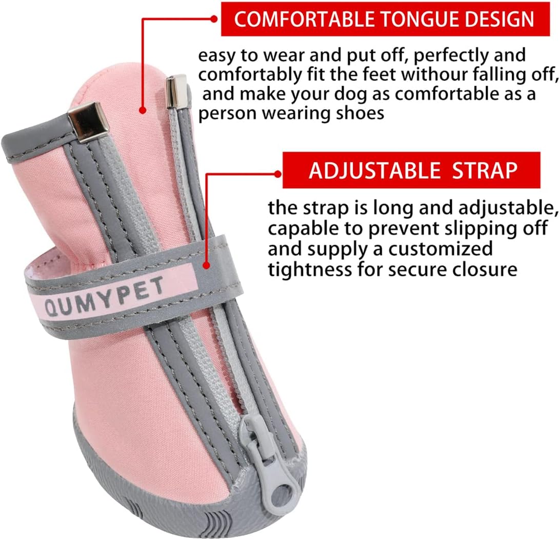 Qumy small dog shoes showing zipper and reflective strap