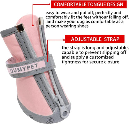 Qumy small dog shoes showing zipper and reflective strap
