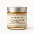 Peakright Mustard Seed and Ajwain Balm front view showing 1.7 ounce glass jar for Ayurvedic massage.