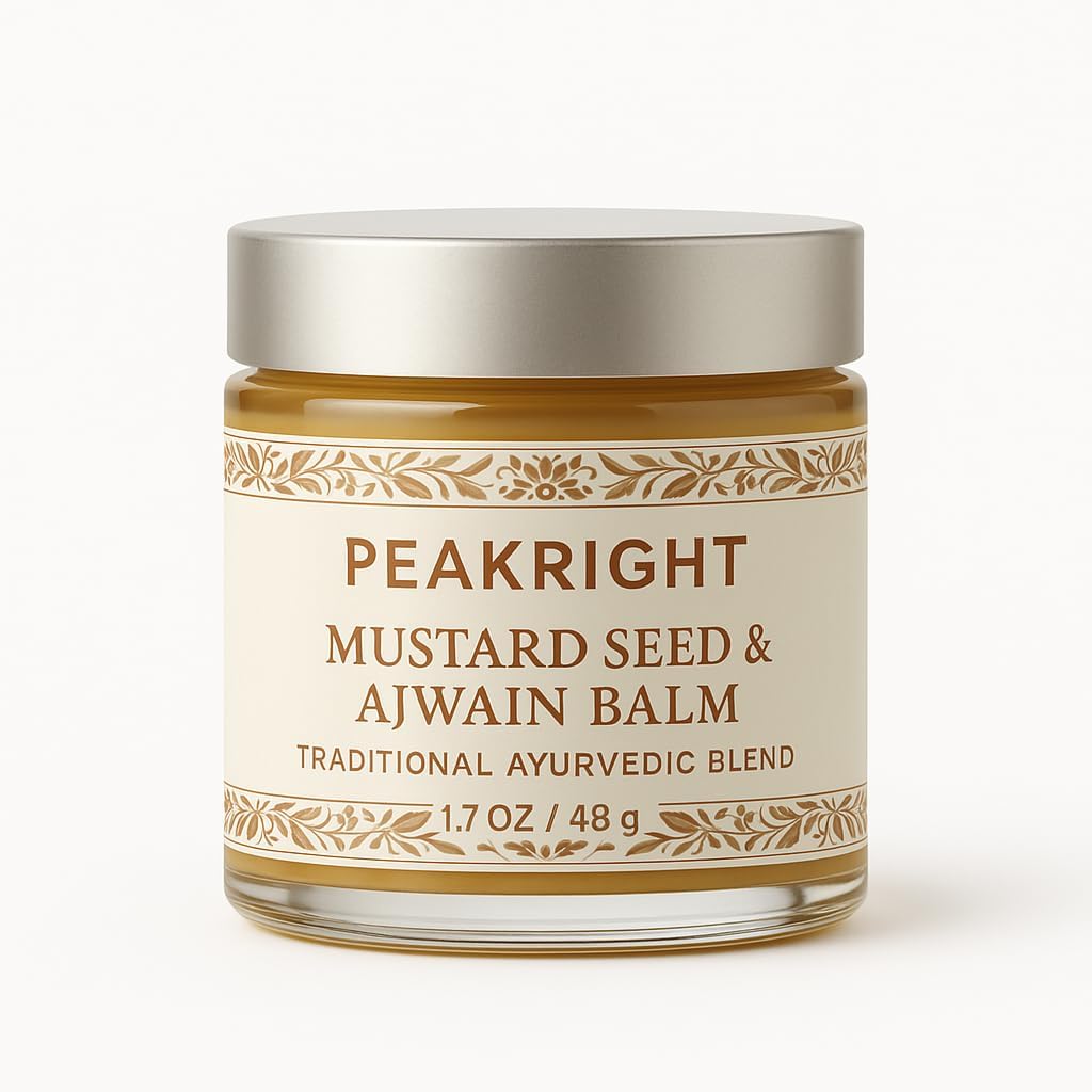 Peakright Mustard Seed and Ajwain Balm front view showing 1.7 ounce glass jar for Ayurvedic massage.