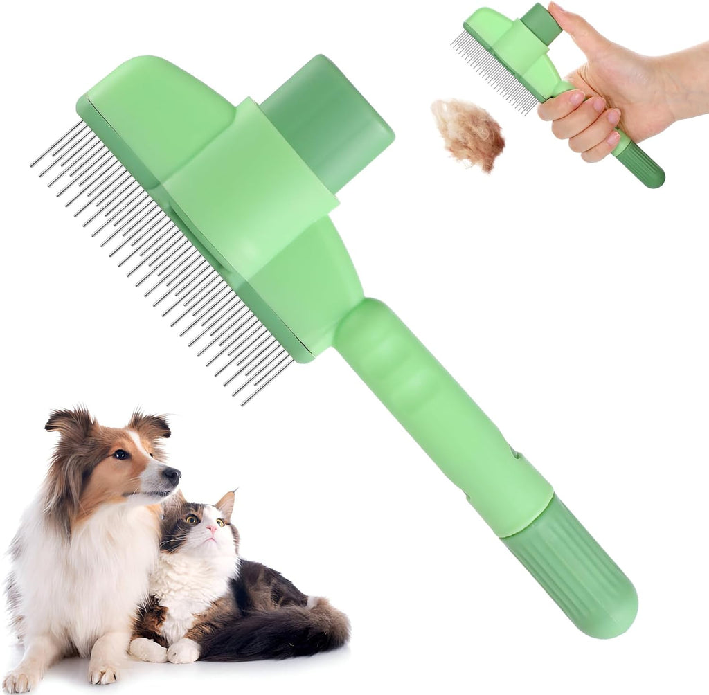 Self cleaning cat grooming brush showing the one click hair release button