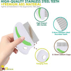 Ergonomic green handle design of the rust resistant cat and dog dematting tool.