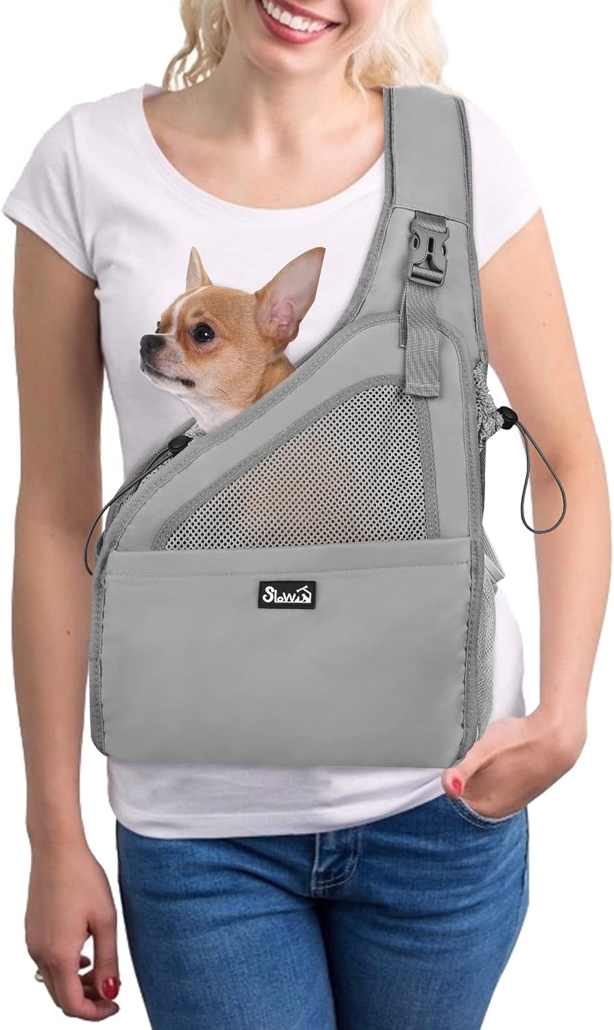 SlowTon Pet Dog Sling Carrier, Hands Free Hard Bottom Papoose Small Animal Puppy Up to 6 lbs Travel Bag Tote Breathable Mesh Support Adjustable Padded Strap Pocket Safety Belt(Widened Black) - Image 10