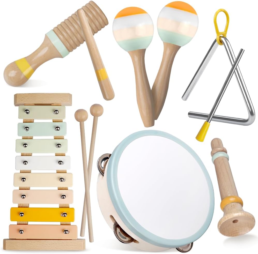 Aliex baby musical instruments montessori wooden toys front view showing the complete percussion set