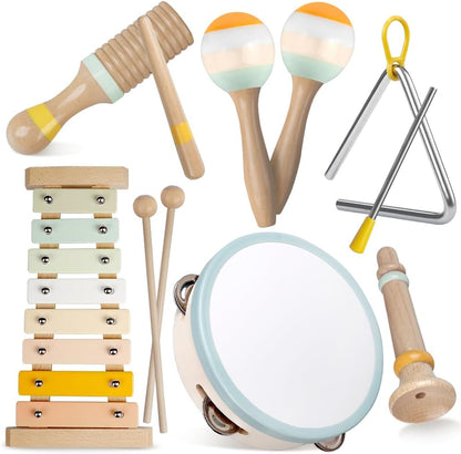 Aliex baby musical instruments montessori wooden toys front view showing the complete percussion set