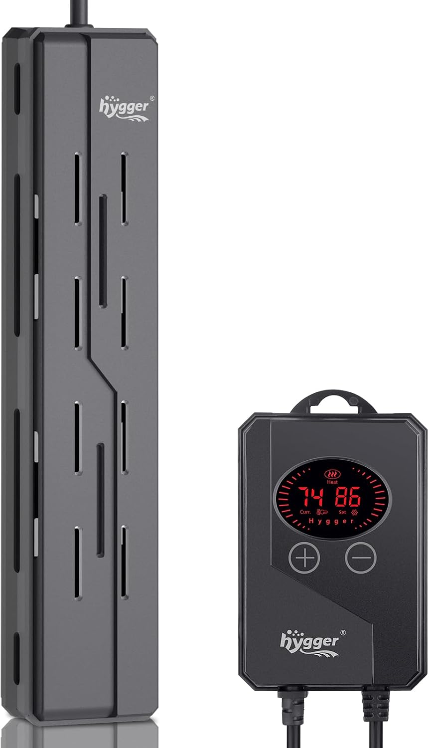 Hygger fish tank heater packaging showing technical specs