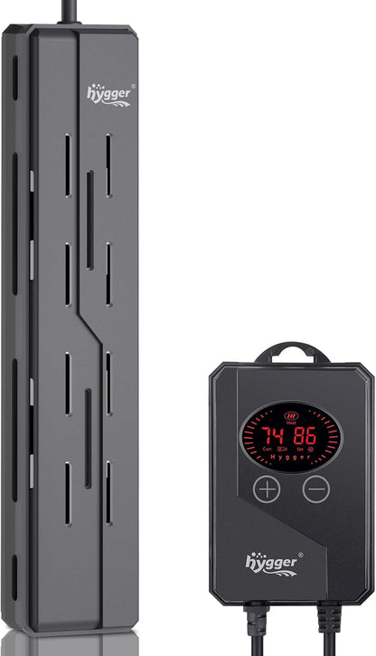 Hygger fish tank heater packaging showing technical specs