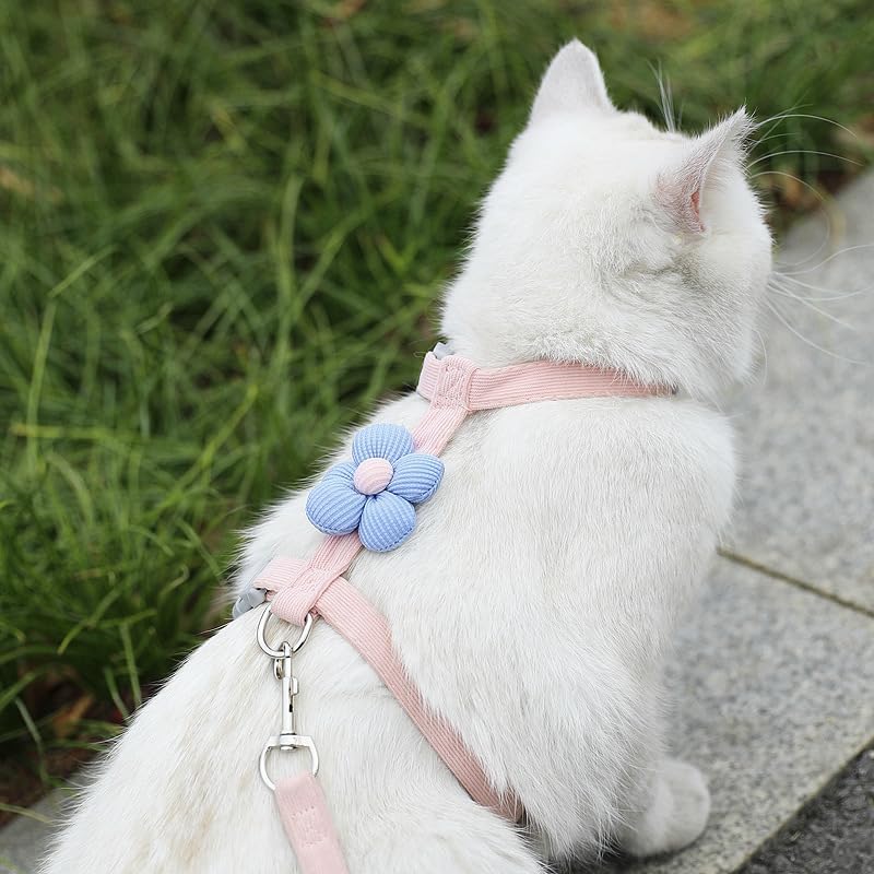 Qpets Pink Flower Cat Harness and Leash Set front view showing secure buckle design