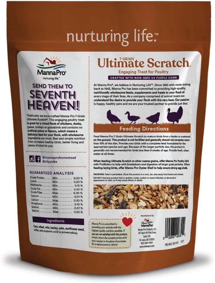 Side view of Manna Pro 10 pound non-GMO poultry treat packaging