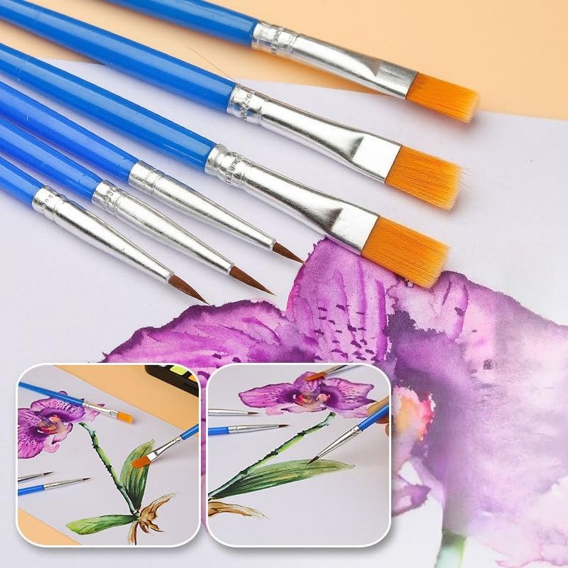 Assorted flat and pointed tip blue wooden paint brushes for acrylic and watercolor painting organized by size