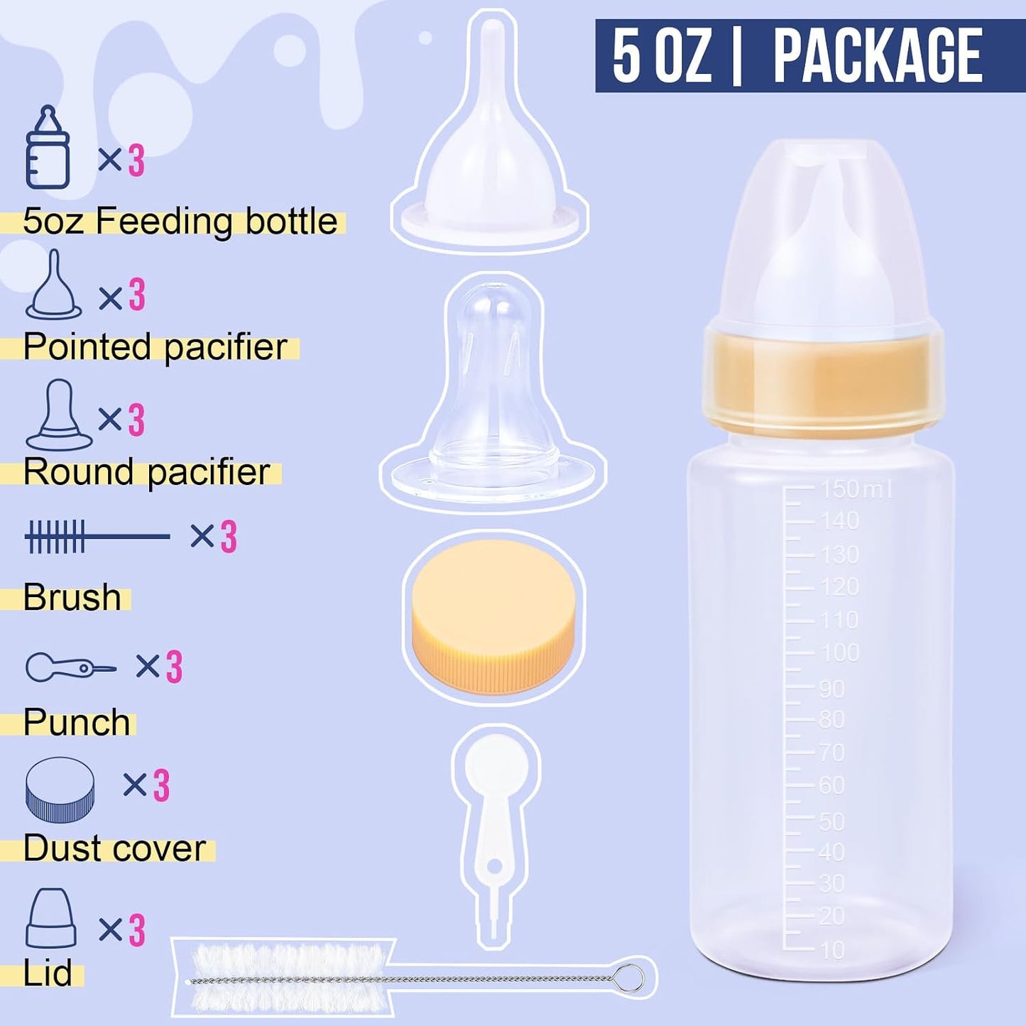 ASEVAT five ounce kitten nursing bottle with yellow cap and silicone nipple