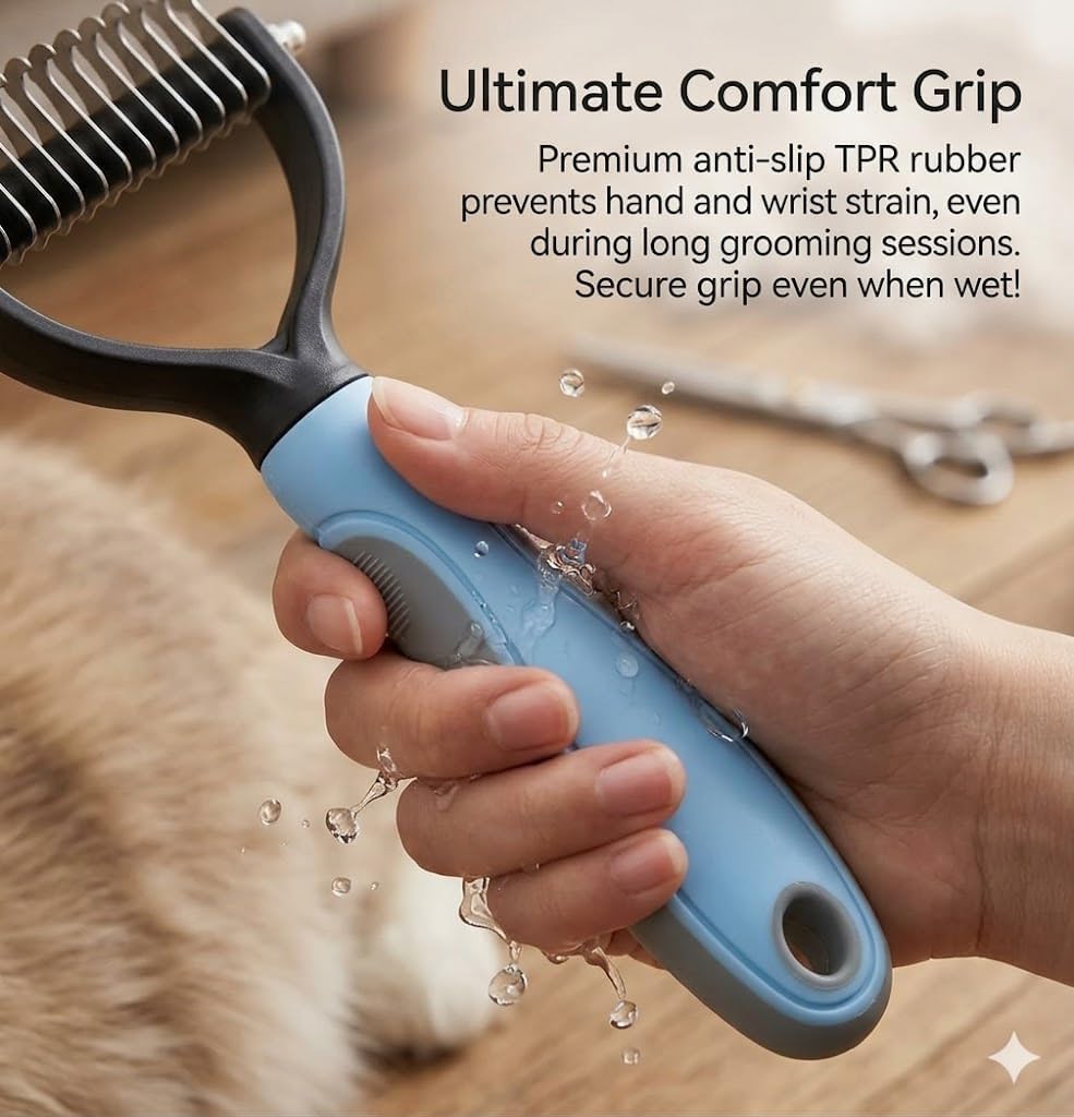 Pet undercoat rake showing dual-sided blade mechanism