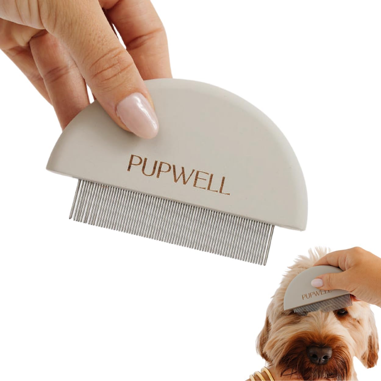 Pupwell Detailer Comb front view showing the beige half moon wooden handle and fine metal teeth.