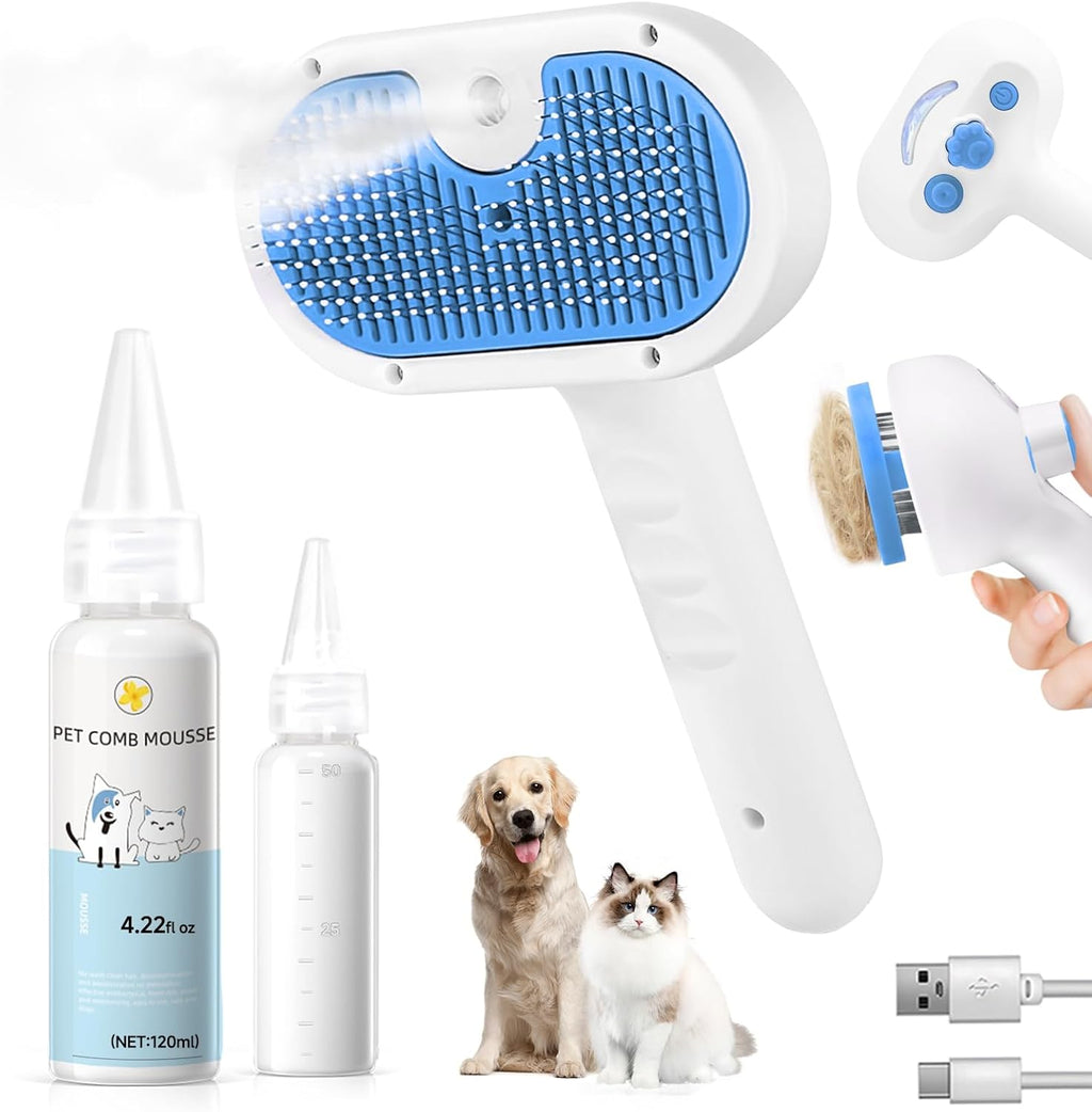Pet Steam Brush for Dog & Cat - 3-in-1 Steam Grooming Brush for Shedding & Hair Removal - Self Cleaning Spray Comb with Mist for Long Haired Pets, Blue(waterless shampoo not include) - Image 14