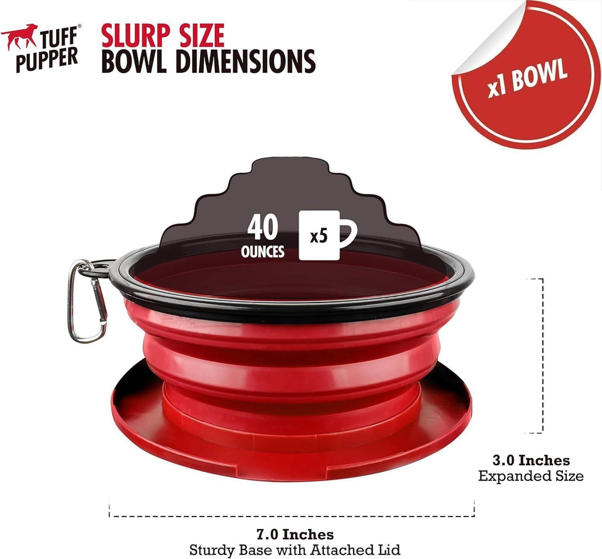 Close up view of the durable metal carabiner clip attached to the rim of the silicone dog bowl.