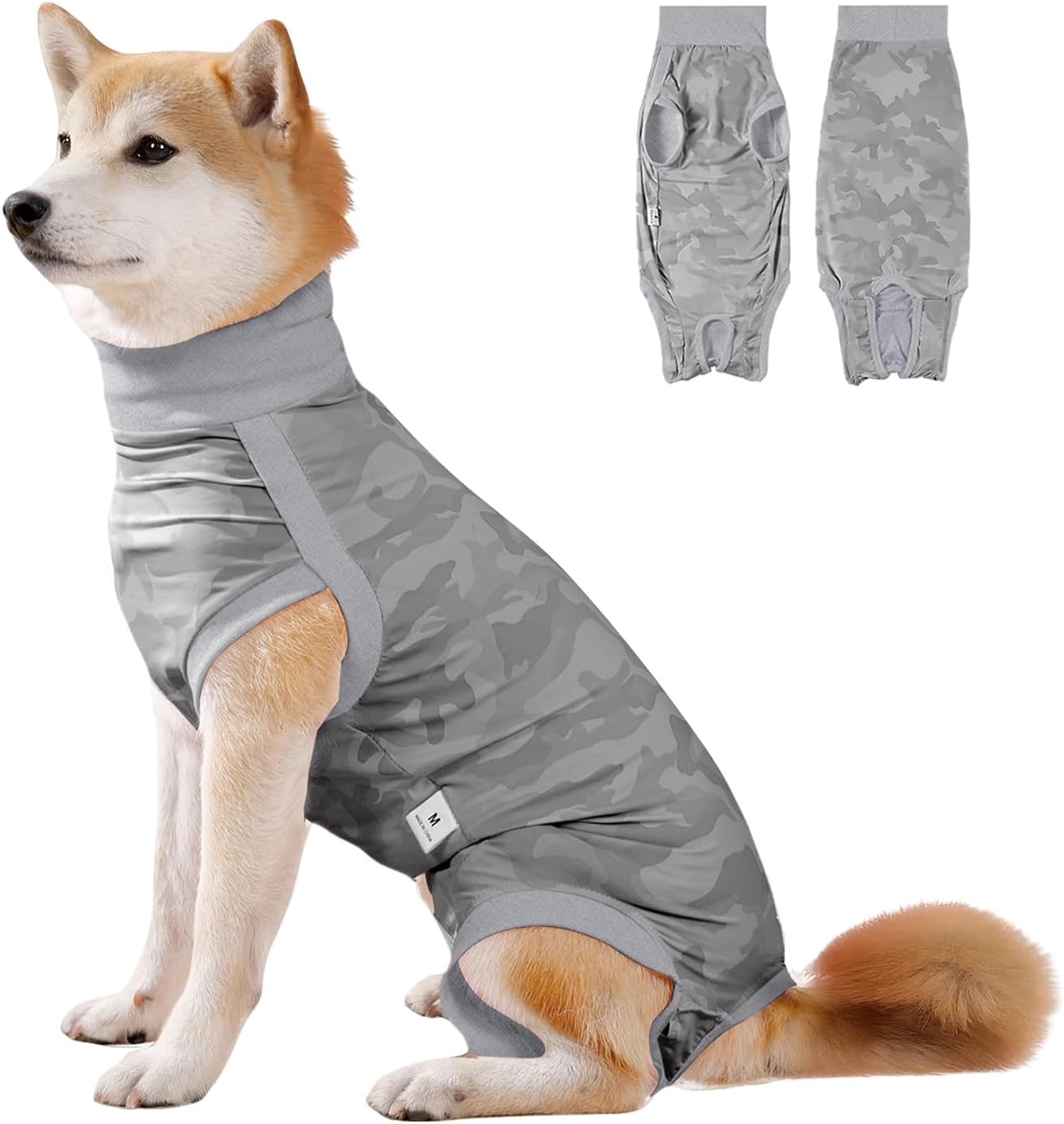 Happy dog wearing comfortable Coppthinktu surgical recovery suit