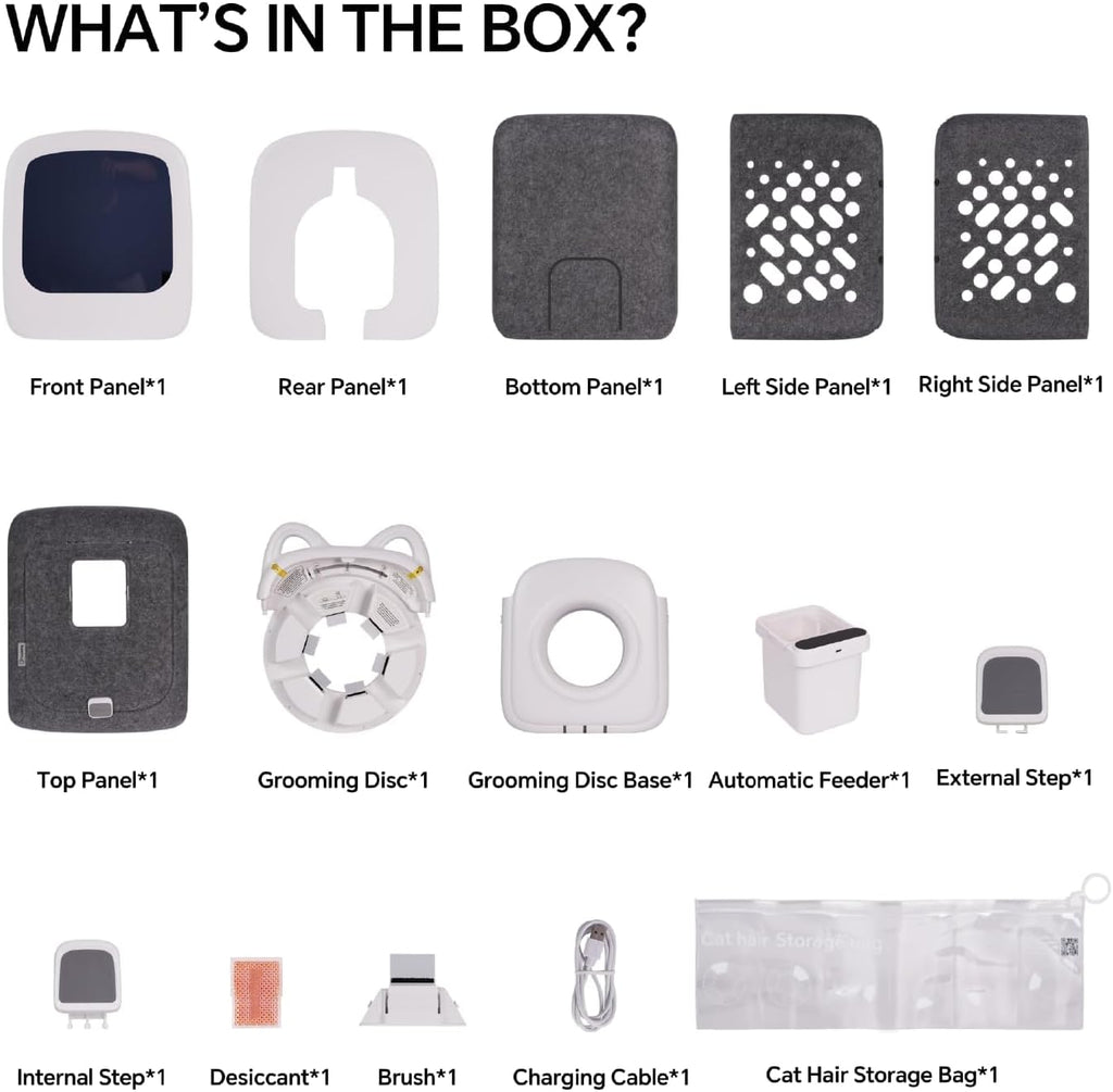 PawSwing self grooming cat house packaging box and included accessories