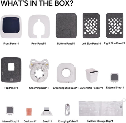 PawSwing self grooming cat house packaging box and included accessories