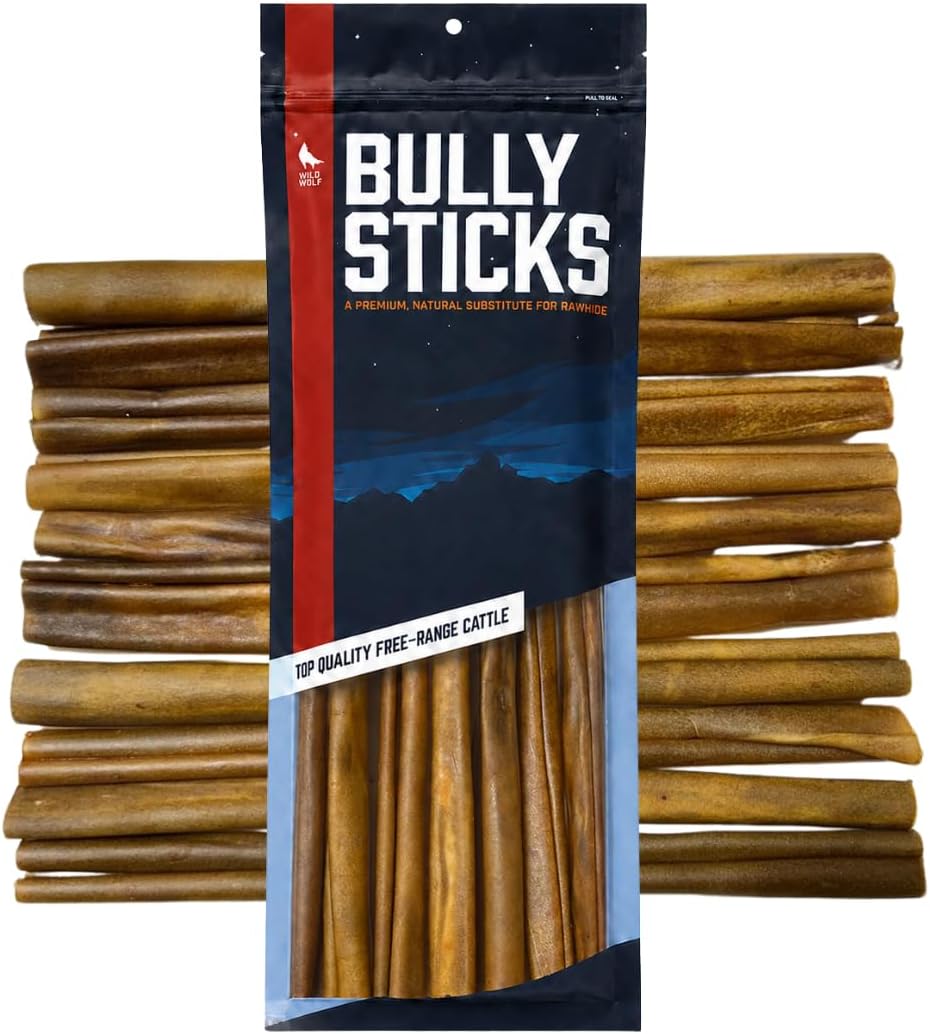 Safe digestible beef bully sticks for canine jaw exercise and plaque removal.