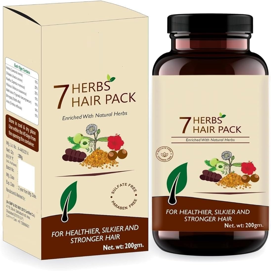 AJ 7 Herbs Hair Pack front view of 200g pouch showing Ayurvedic ingredients
