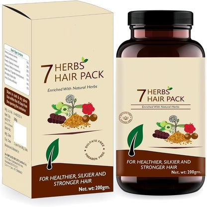 AJ 7 Herbs Hair Pack front view of 200g pouch showing Ayurvedic ingredients