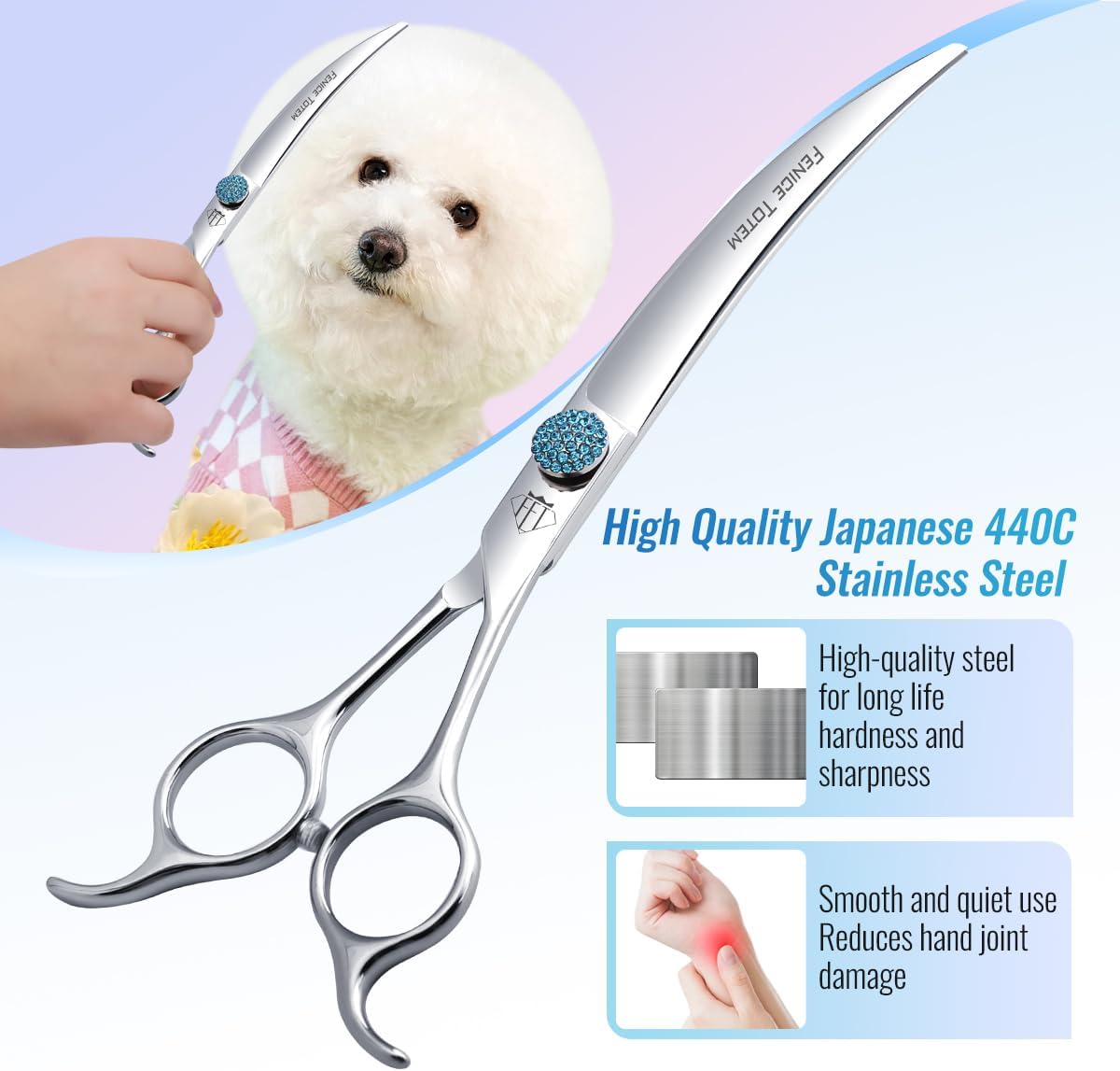 Fenice Totem 7.5 inch pet styling shears showing premium Japanese 440C stainless steel construction.